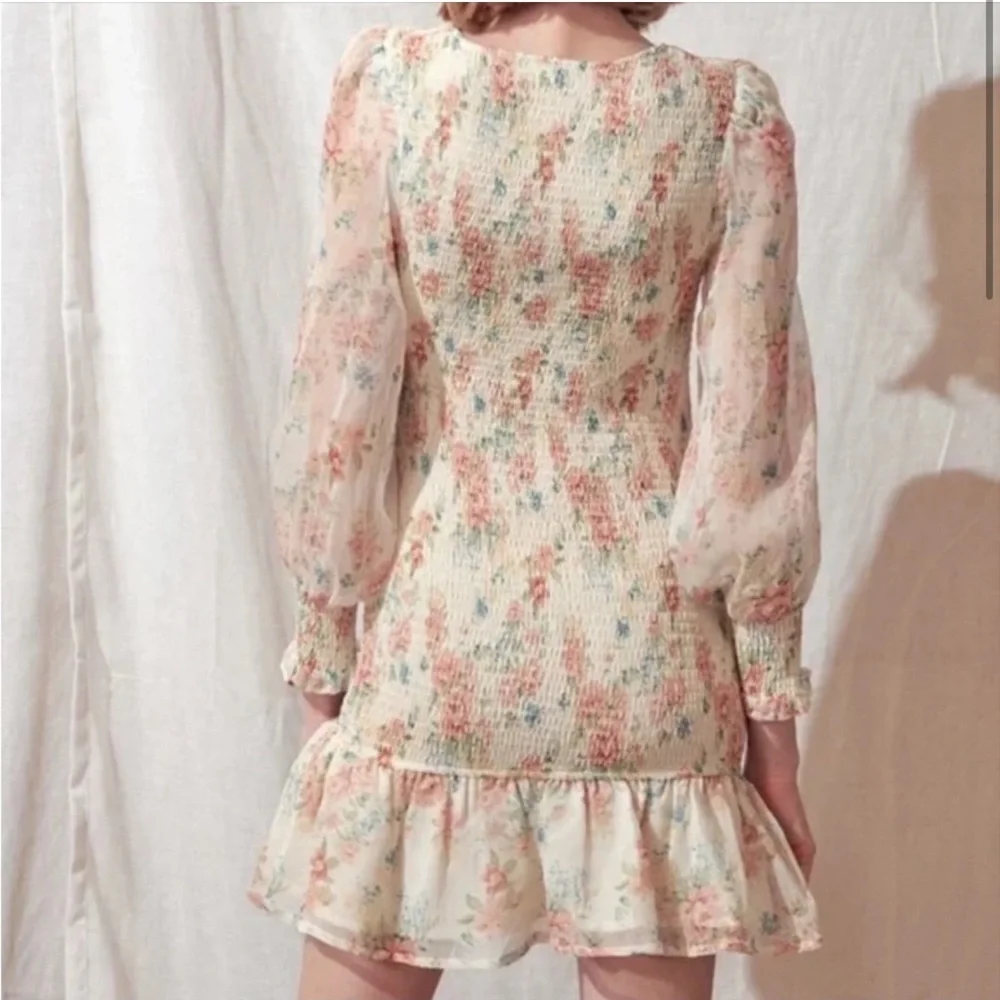 STORIA Womens Pastel Floral Smocked Chiffon Ruffle Teim Dress Long Sleeve Medium - Picture 2 of 11